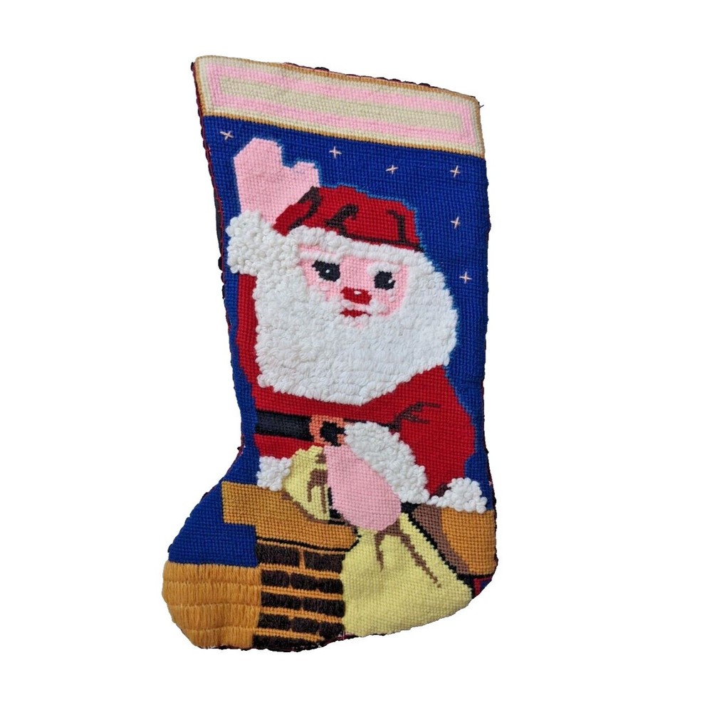Vintage Needlepoint Christmas Stocking Handmade Santa‎ in Chimney Kitsch Retro